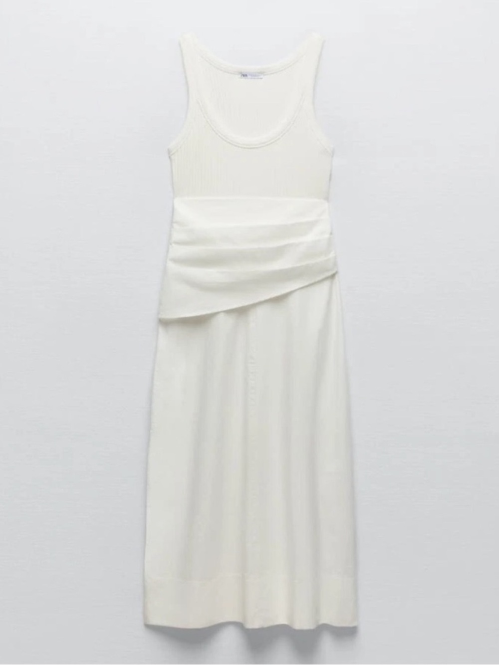 Zara NWT Sleeveless White Midi Dress with Draped Waist